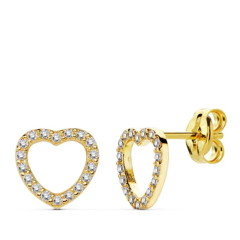 18K PENDIENTES ORO AMARILLO CORAZON CIRCONITA 8X8 CM CIERRE PRESION C. AMOR