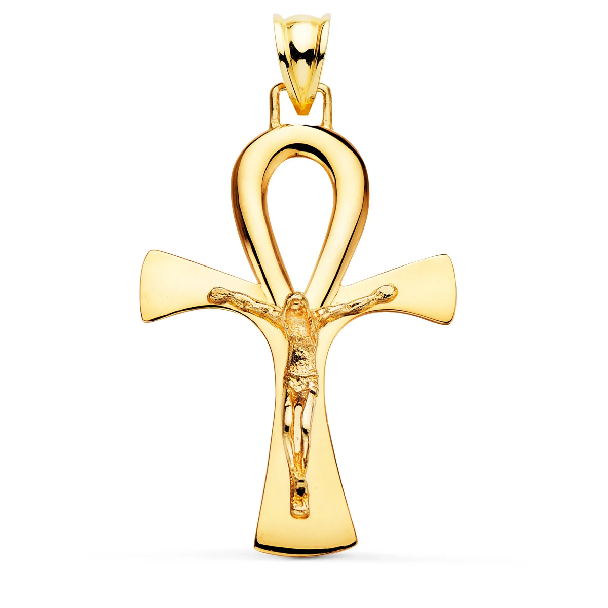 18K CRUZ DE LA VIDA EGIPCIA ORO AMARILLO CON CRISTO EN BRILLO 36 X 23 MM