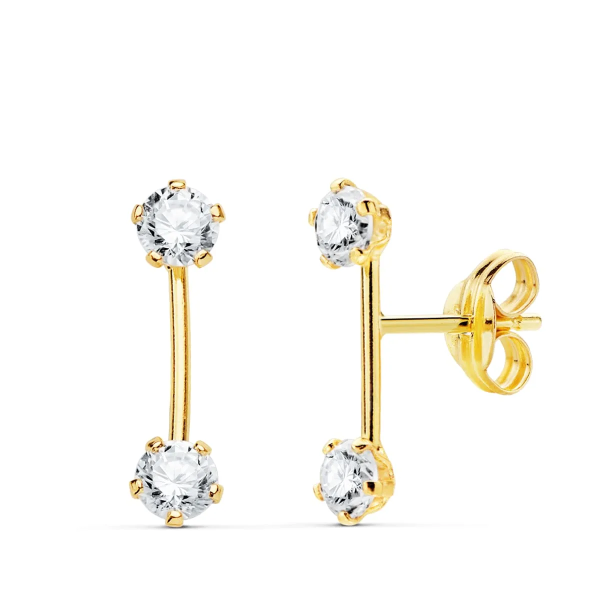18K PENDIENTES ORO AMARILLO CIRCONITA BARRA 13X3MM CIERRE PRESION