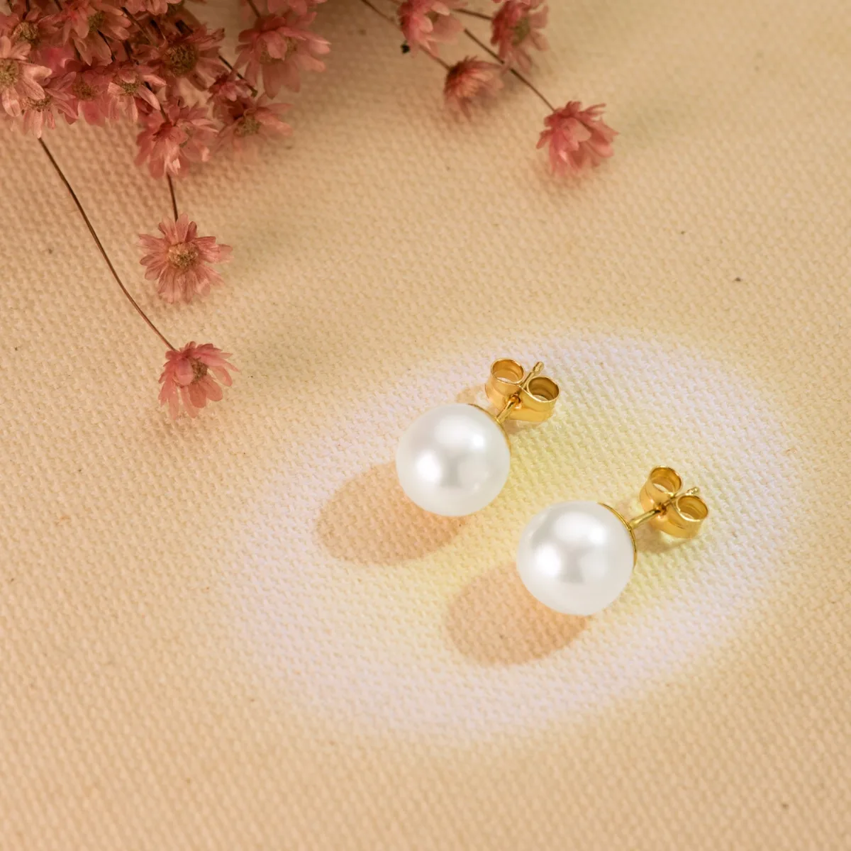 18K PENDIENTES ORO AMARILLO PERLAS CULTIVADAS REDONDAS 9-9,5 MM CIERRE PRESION — vista 2