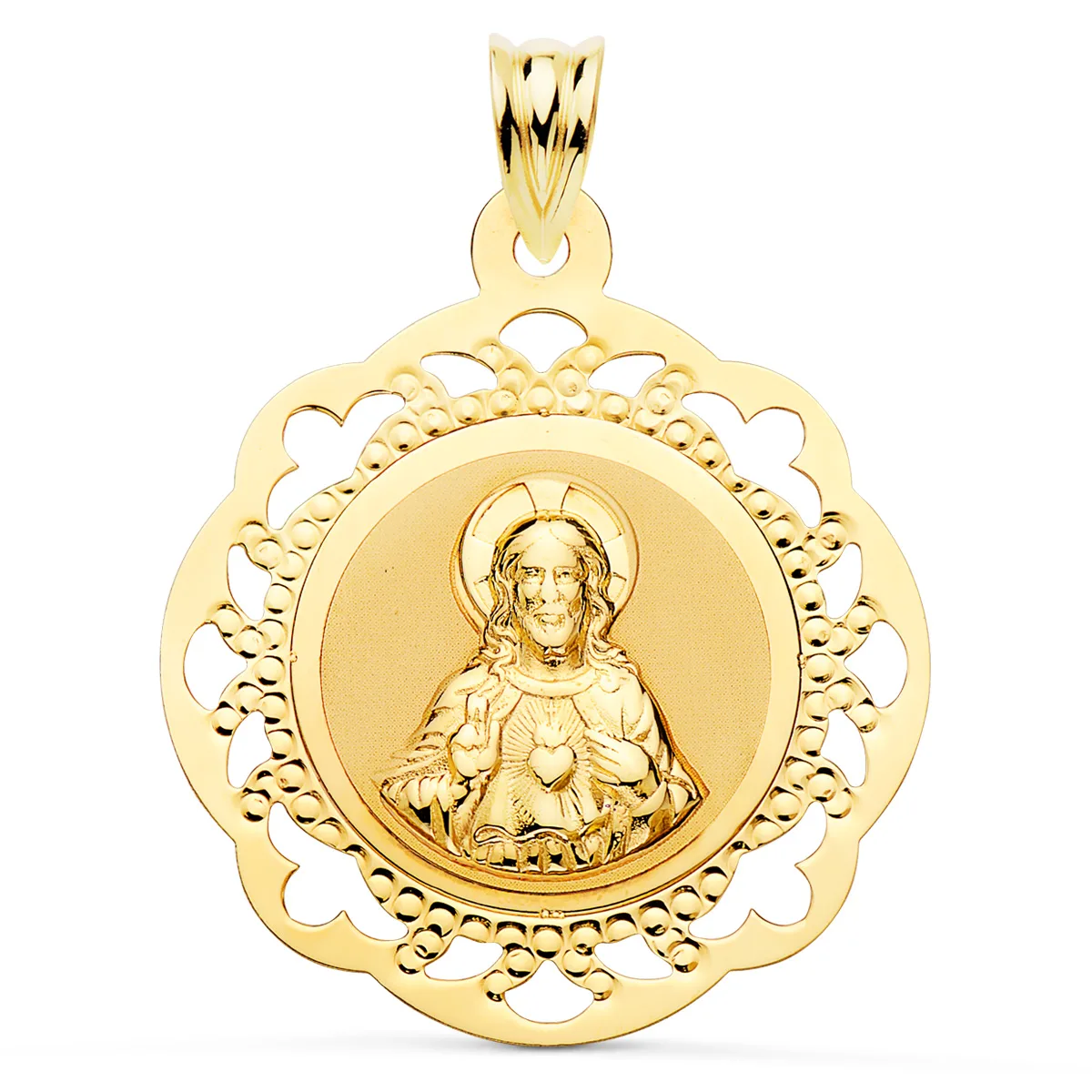 18K ESCAPULARIO ORO AMARILLO VIRGEN DEL CARMEN Y CORAZON DE JESUS CALADO BRILLO 31 X 27 MM