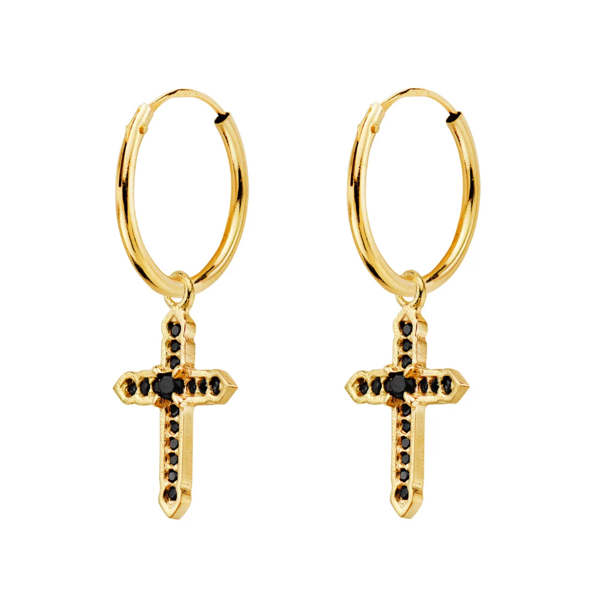 18K AROS ORO AMARILLO TUBO CON COLGANTE CRUZ CIRCONITA NEGRAS 17X12 MM ARO 14X1 MM