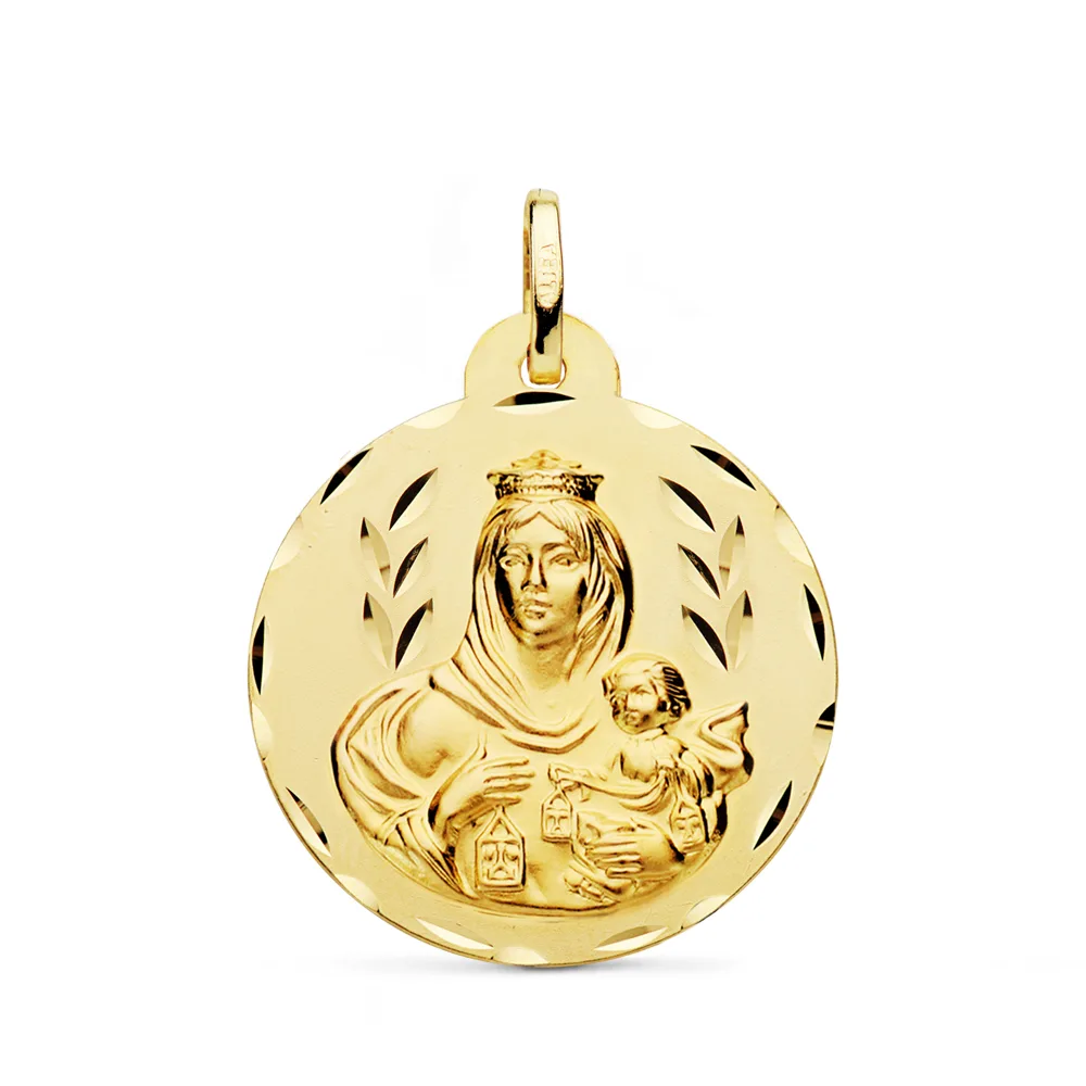 18K ESCAPULARIO ORO AMARILLO TALLADO VIRGEN DEL CARMEN Y CORAZON DE JESUS 26 MM — vista 3