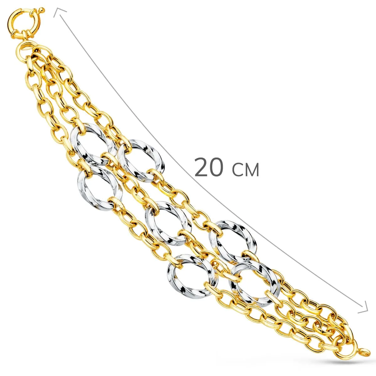 18K PULSERA ORO BICOLOR TRIPLE CADENA HUECA MOTIVOS REDONDOS 20CM — vista 2