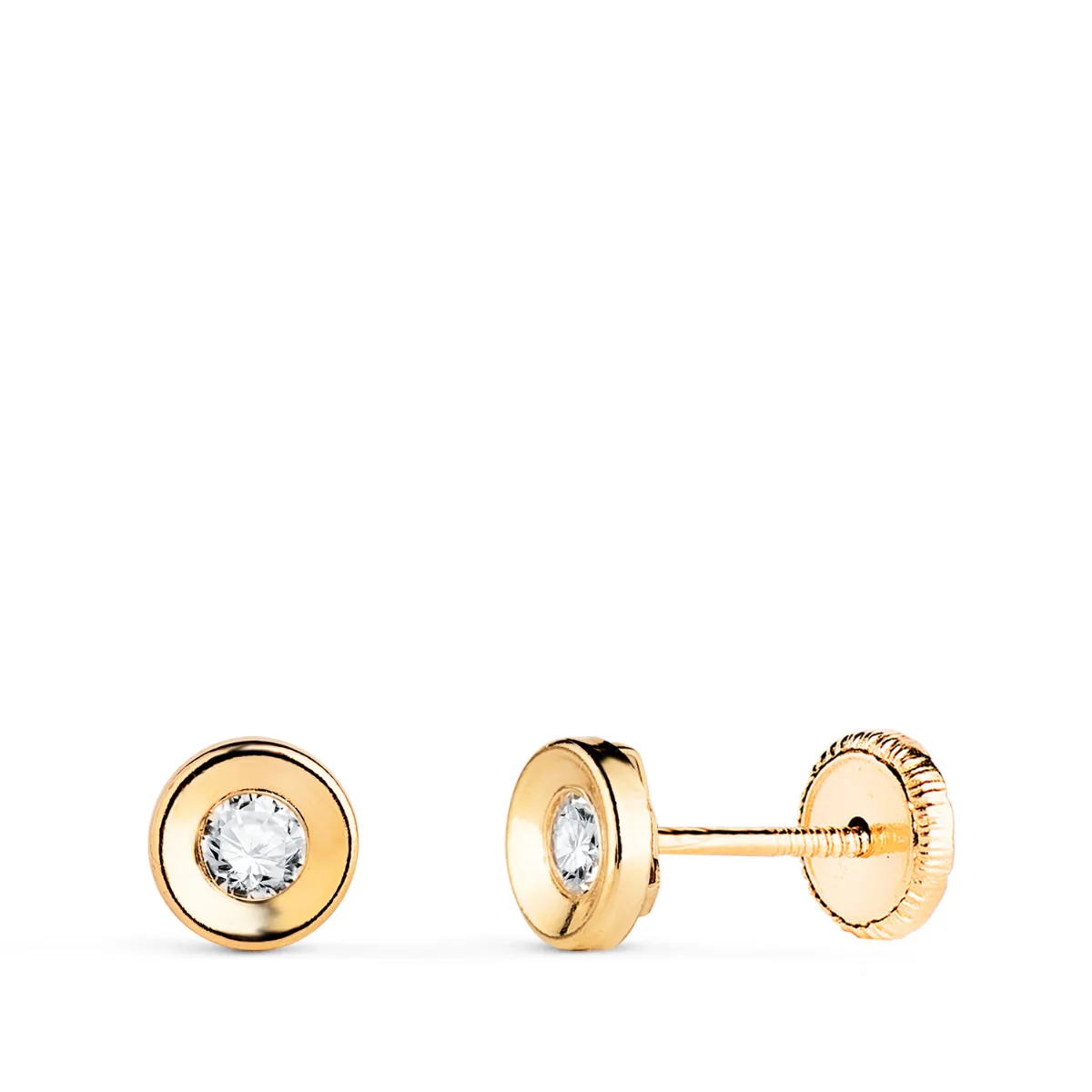 18K PENDIENTES ORO AMARILLO CHATON REDONDO CONCAVO CON CIRCONITA. ANCHO: 5 MM. CIERRE TUERCA