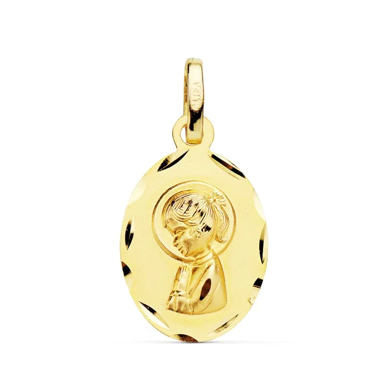 18K MEDALLA ORO AMARILLO VIRGEN NIÑA OVAL TALLADA 19X12 MM