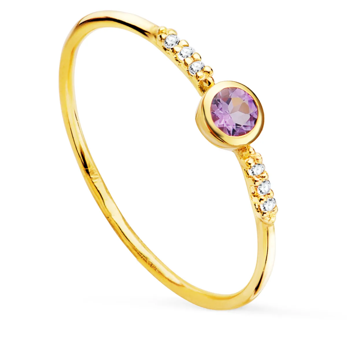 18K SORTIJA ORO AMARILLO 6 DIAMANTES 0.030  QTS. G-VS2. AMATISTA 3 MM