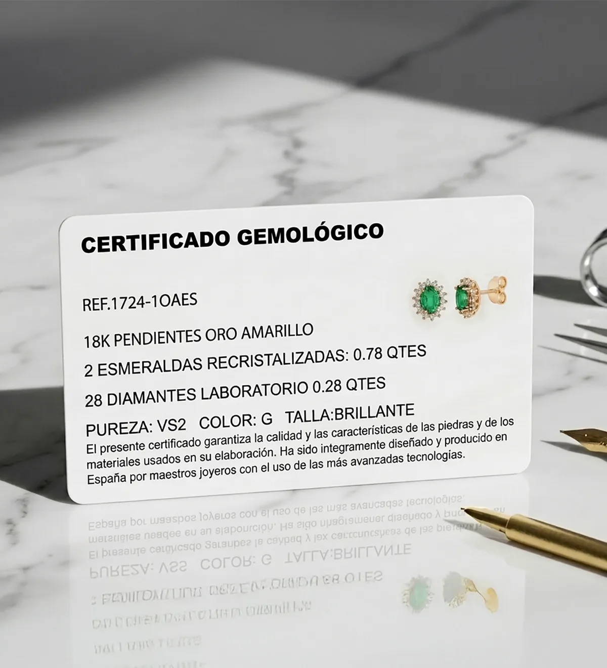 18K PENDIENTES ORO AMARILLO 28 DIAMANTES DE LABORATORIO Y  ESMERALDA RECRISTALIZADA 6X4 MM 0,78 QT 0,280QT VS2-G. 9,5X8 MM CIERRE PRESION — vista 3
