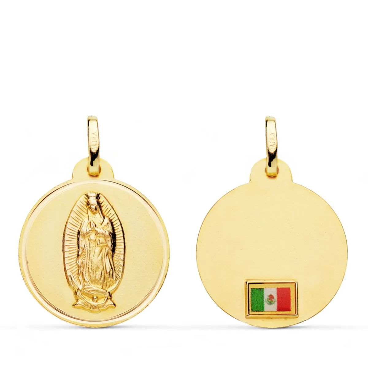 18K MEDALLA ORO AMARILLO VIRGEN DE GUADALUPE CON BANDERA EN BISEL 20 MM