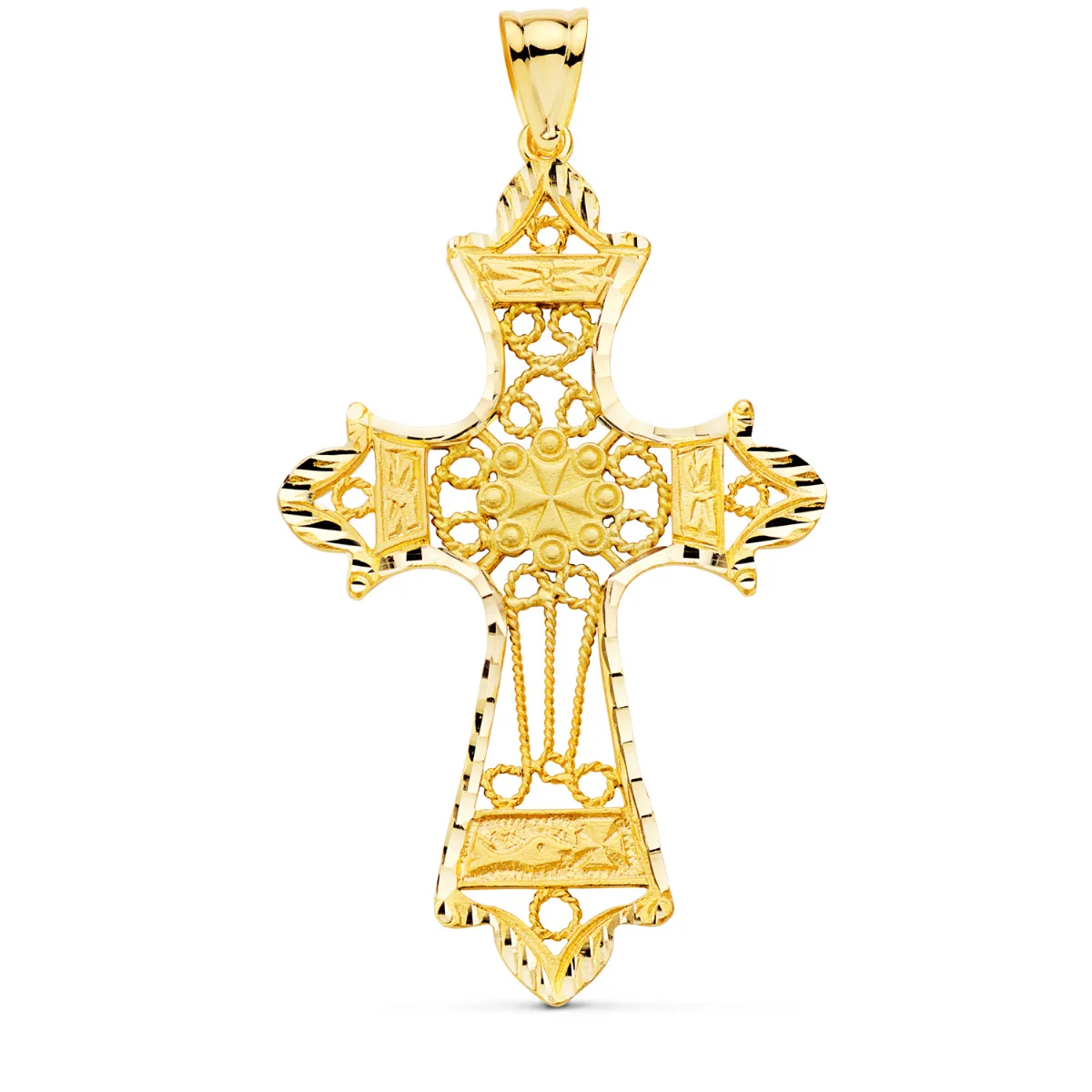 18K CRUZ ORO AMARILLO FILIGRANA BORDES TALLADOS. 60X37 MM