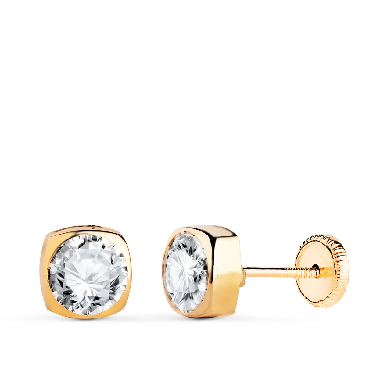 18K PENDIENTES ORO AMARILLO CHATON CUADRADOS CON CIRCONITA. MEDIDA: 6X6MM. CIERRE TUERCA