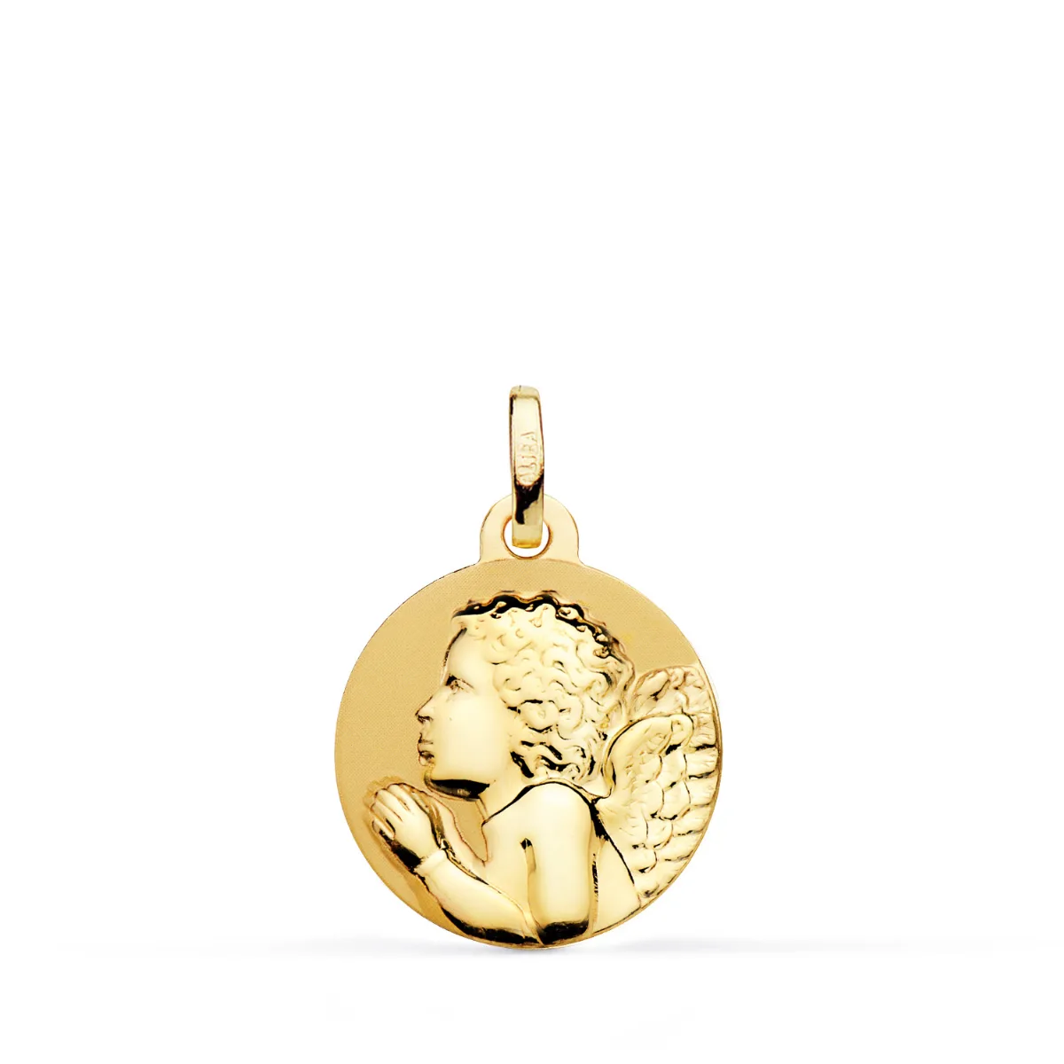 18K MEDALLA ORO AMARILLO ANGEL NIÑO PIADOSO REZANDO BRILLO 16 MM