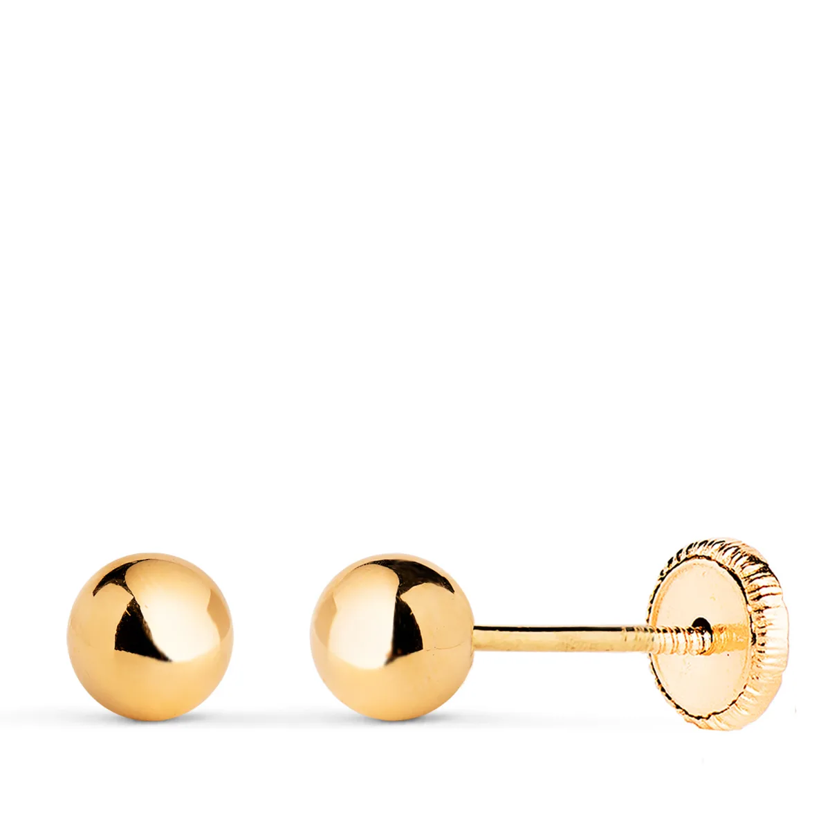 18K PENDIENTES ORO AMARILLO BOLA LISA BRILLA HUECA. ANCHO: 5 MM. CIERRE TUERCA