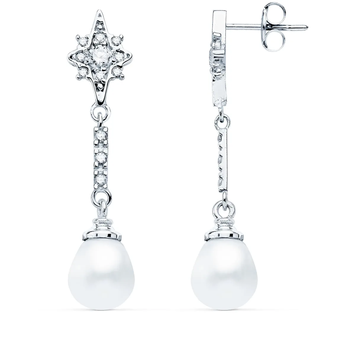 18K PENDIENTES LARGOS ORO BLANCO PERLA Y CIRCONITA 36X8 MM CIERRE PRESION