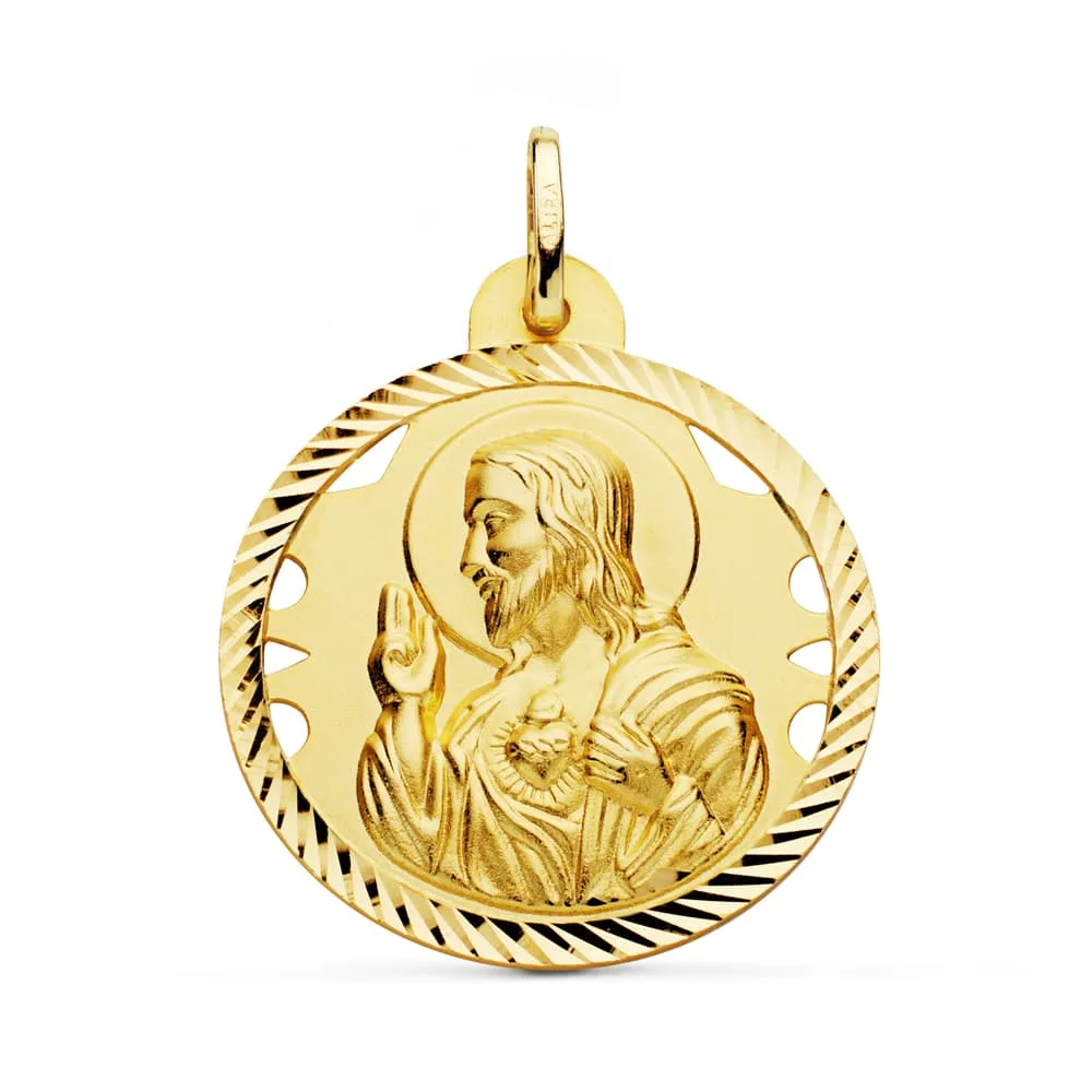 18K MEDALLA ORO AMARILLO CRISTO SAGRADO CORAZON DE JESUS CALADO CERCO HELICE TALLADO 28 MM