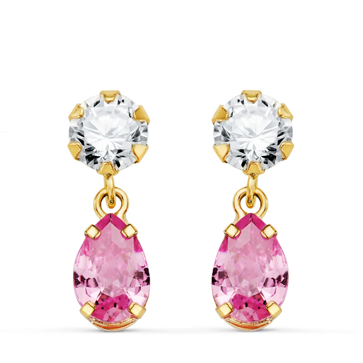 18K PENDIENTES ORO AMARILLO DOS CUERPOS CON CIRCONITA Y PIEDRA ROSA LAGRIMA 16 X 5MM. CIERRE PRESION