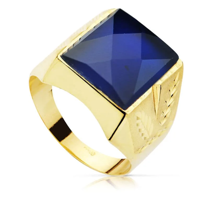 18K SELLO ORO AMARILLO HUECO TALLADO CON ZAFIRO SPINEL 14 X 12 MM