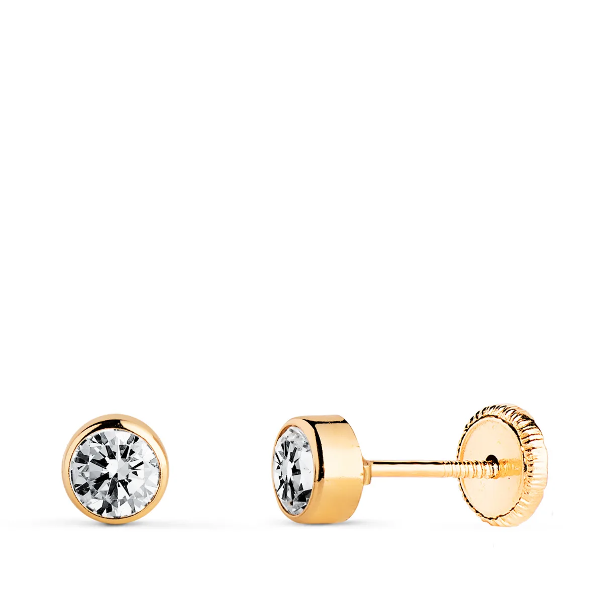 18K PENDIENTES ORO AMARILLO CHATON CIRCONITA REDONDOS  4 MM TUERCA