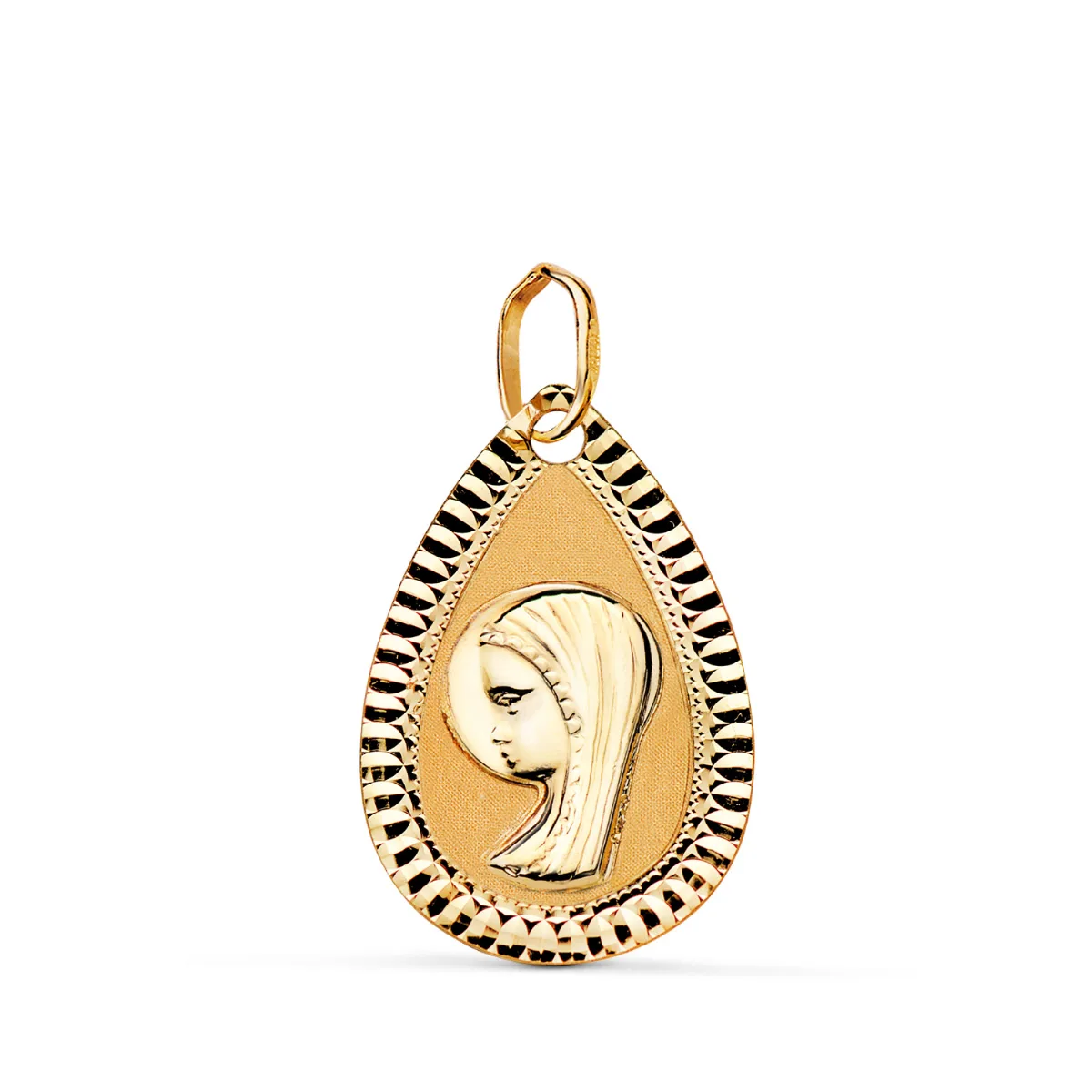 18K MEDALLA ORO AMARILLO VIRGEN NIÑA LAGRIMA TALLADA MATE Y BRILLO. MEDIDA: 20X13 MM