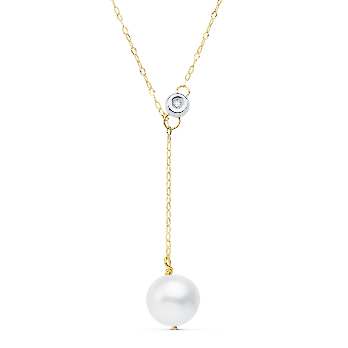 18K COLLAR ORO BICOLOR PERLA 12 MM CADENA 45CM CHATON 5MM. DIAMANTE LABORATORIO 0,020 QTS G-VS2. PERLA 11MM