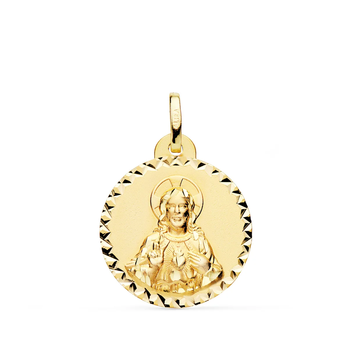 18K MEDALLA ORO AMARILLO CRISTO SAGRADO CORAZON JESUS BRILLO TALLA CRUZADA 20 MM