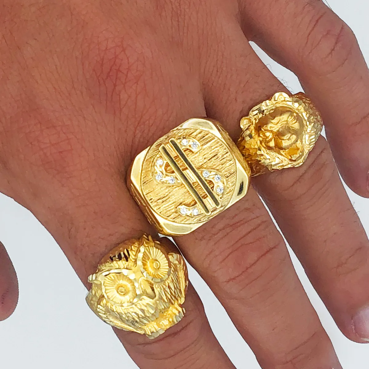 18K SELLO ORO AMARILLO MACIZO CABEZA DE BUHO TALLADO 22X22 MM — vista 3