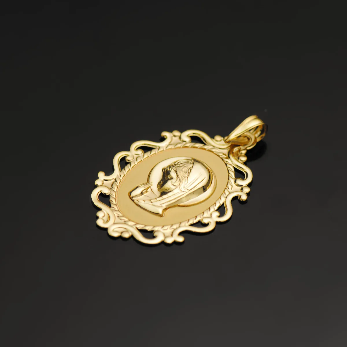 18K MEDALLA ORO AMARILLO VIRGEN NIÑA CERCO CALADO EN BRILLO 31X21 MM — vista 2