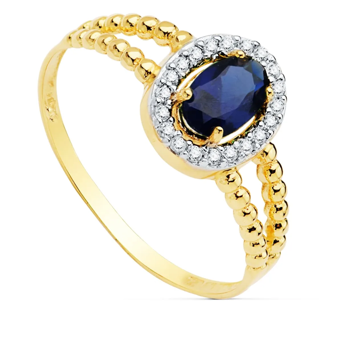 18K SORTIJA ORO BICOLOR ZAFIRO 6 X 4MM CON CIRCONITAS DOBLE CUERPO BOLITAS. ANCHO: 9,5 MM