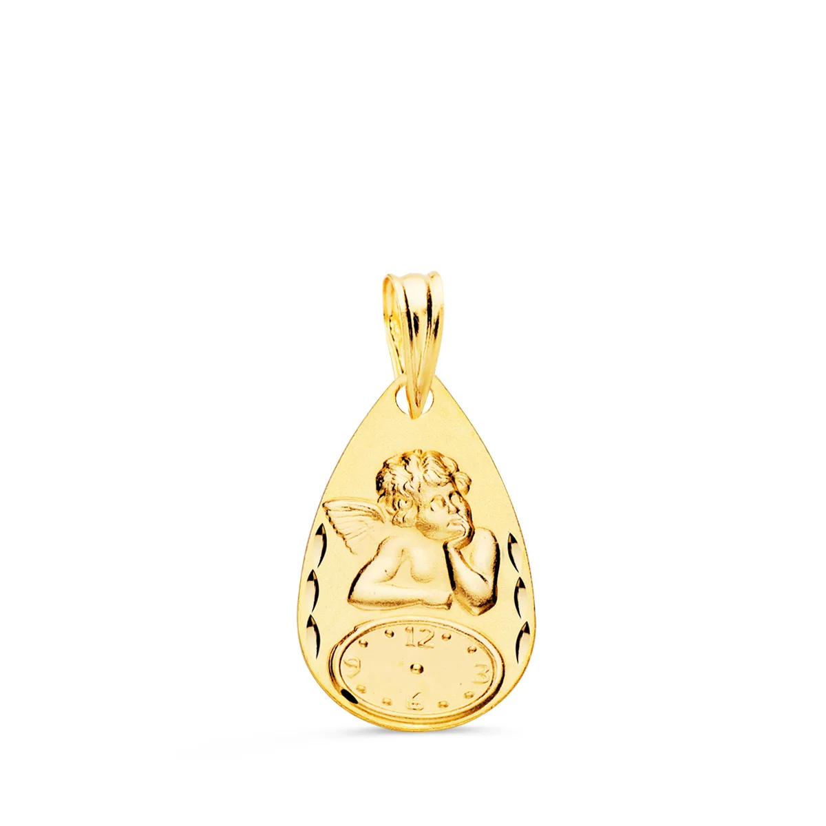 18K MEDALLA ORO AMARILLO GOTA ANGELITO BURLON CON RELOJ TALLADA 19X11 MM