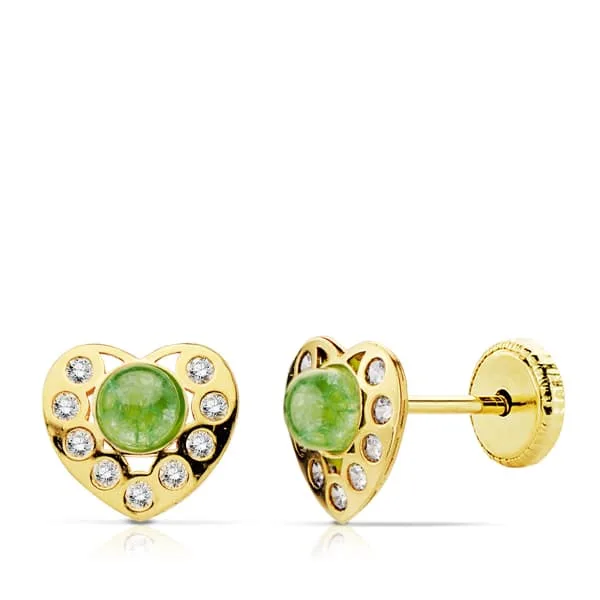 18K PENDIENTES ORO AMARILLO CORAZON PIEDRA VERDE Y CIRCONITA TUERCA