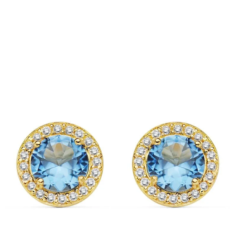 18K PENDIENTES ORO AMARILLO PIEDRA  AZUL CLARO 9 MM CIRCONITA CIERRE PRESION