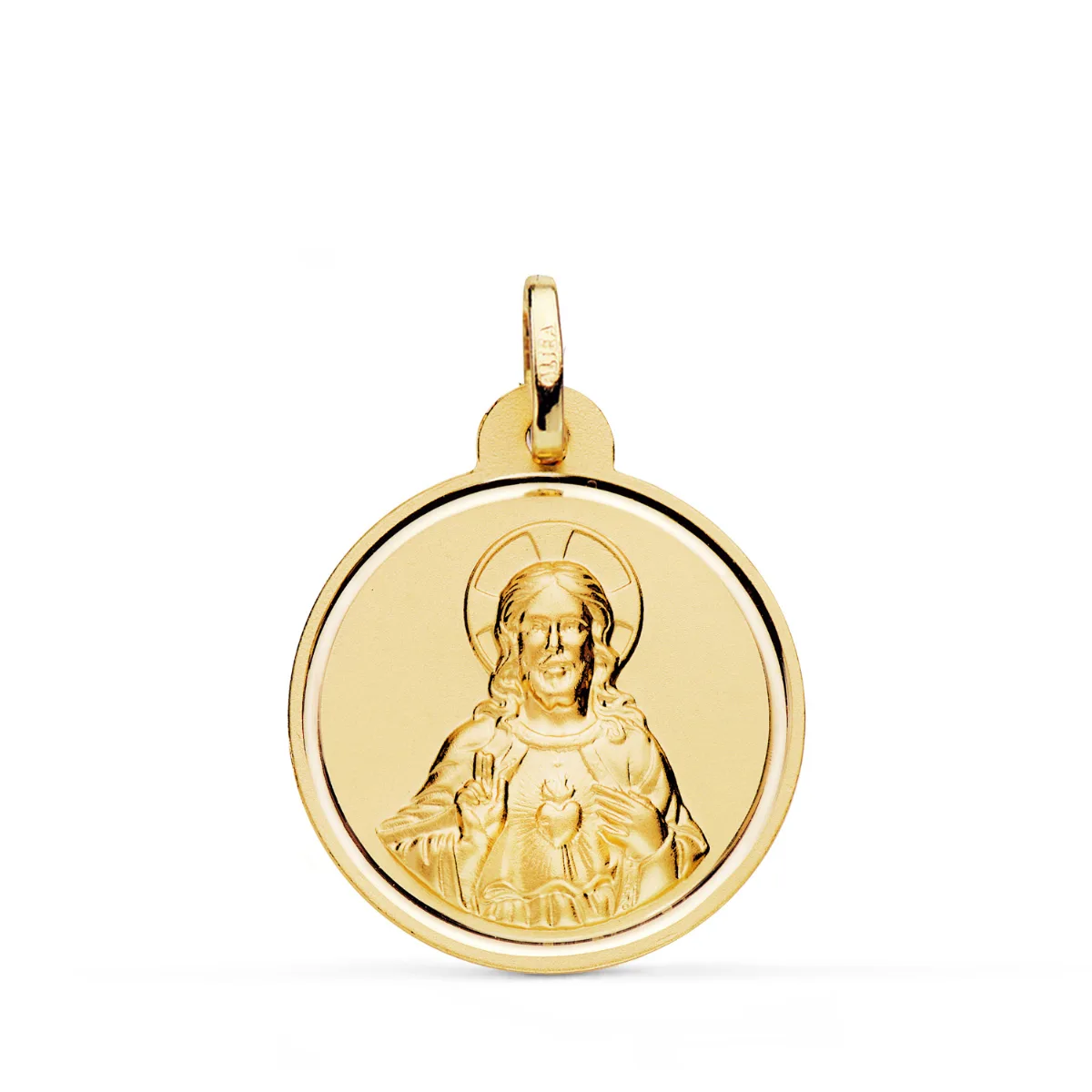 18K MEDALLA ORO AMARILLO CRISTO SAGRADO CORAZON DE JESUS BISEL 22 MM
