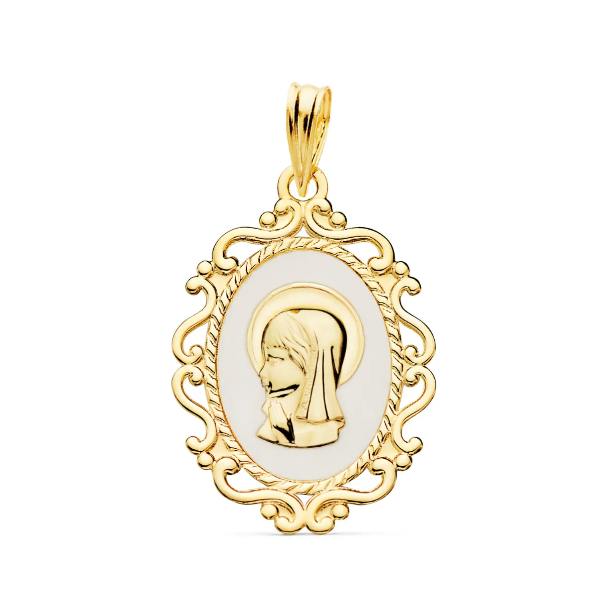 18K MEDALLA ORO AMARILLO VIRGEN NIÑA PERFIL ESMALTE BLANCO Y CERCO CALADO BRILLO 23X16 MM