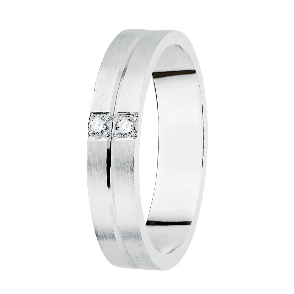 18K ALIANZA ORO BLANCO MATIZADA 2 DIAMANTES 0.06 QTS. ANCHO: 4MM. TALLA: 16