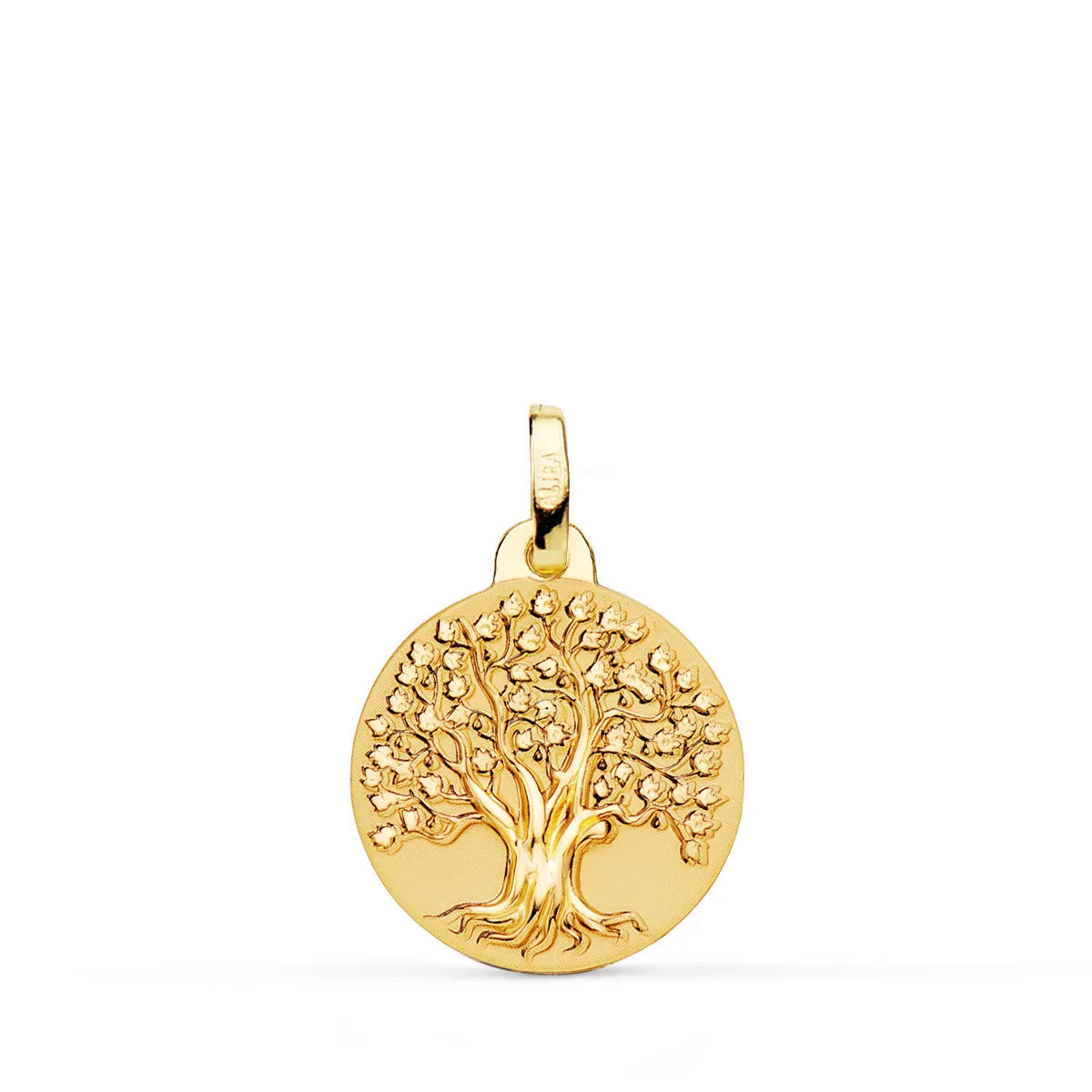 18K MEDALLA ORO AMARILLO ARBOL DE LA VIDA MATIZADA y BRILLO 16 MM