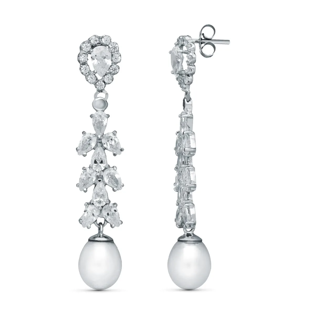 18K PENDIENTES NOVIA DOS CUERPOS PERLA CULTIVADA ORO BLANCO 47X8 MM PRESION