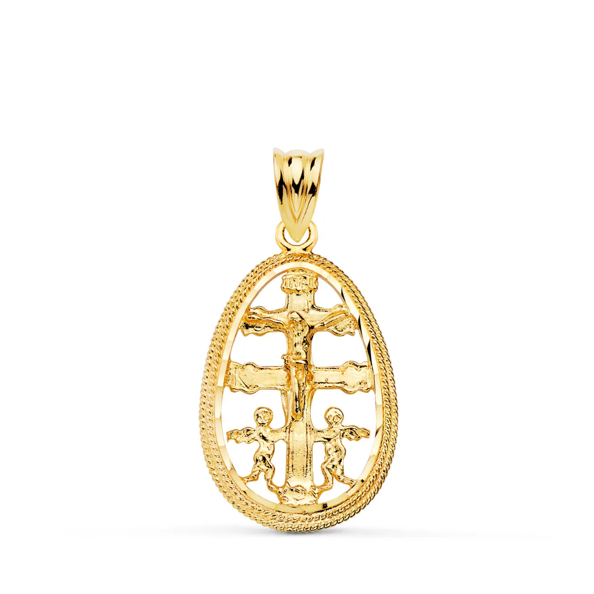 18K COLGANTE CRUZ DE CARAVACA ORO AMARILLO CERCO OVAL TALLADO. 23 X 16MM