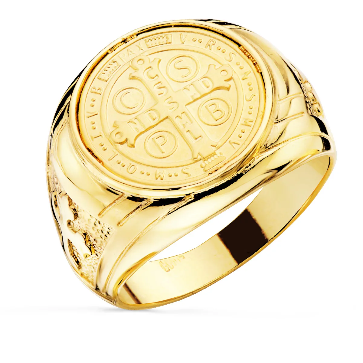 18K SELLO ORO AMARILLO CRUZ DE SAN BENITO 16 MM ANCHO 22 MM