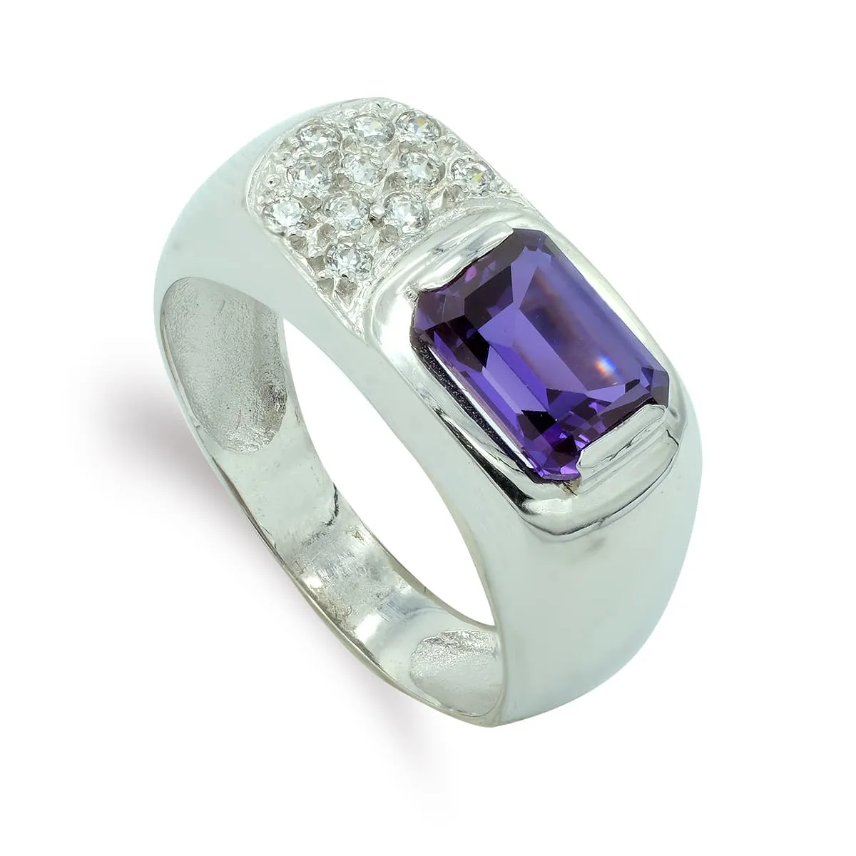 18K SORTIJA ORO BLANCO AMATISTA 8X6 MM Y CIRCONITAS