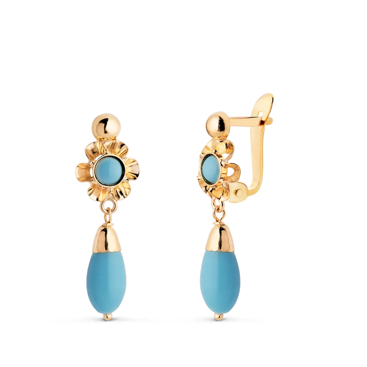 18K PENDIENTES ORO AMARILLO CUBANAS  LAGRIMA TURQUESA. MEDIDA: 22X7 MM. CIERRE CATALAN