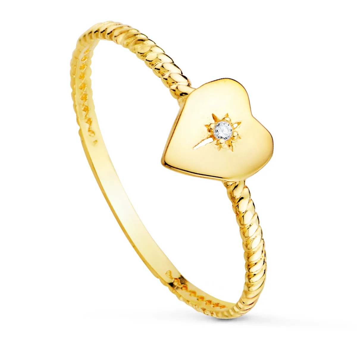 18K SORTIJA ORO AMARILLO CORAZON CON DIAMANTE LABORATORIO TALLA BRILLANTE 0,008 QT. VS2 - G