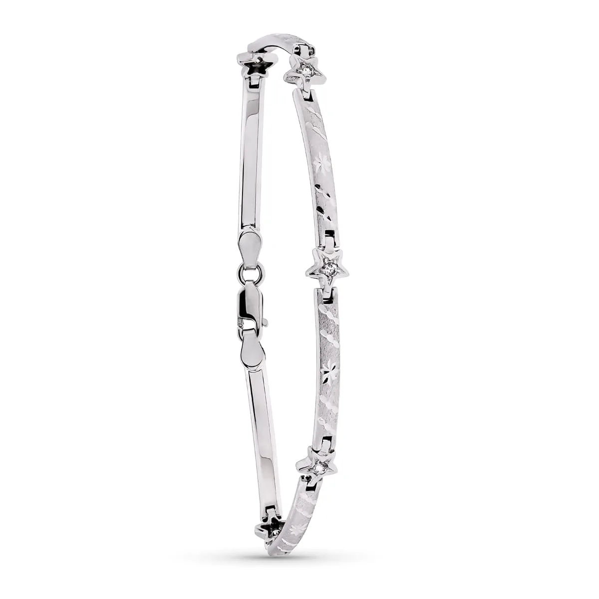 18K PULSERA ORO BLANCO MATE Y BRILLO BARRAS Y ESTRELLAS 19CM