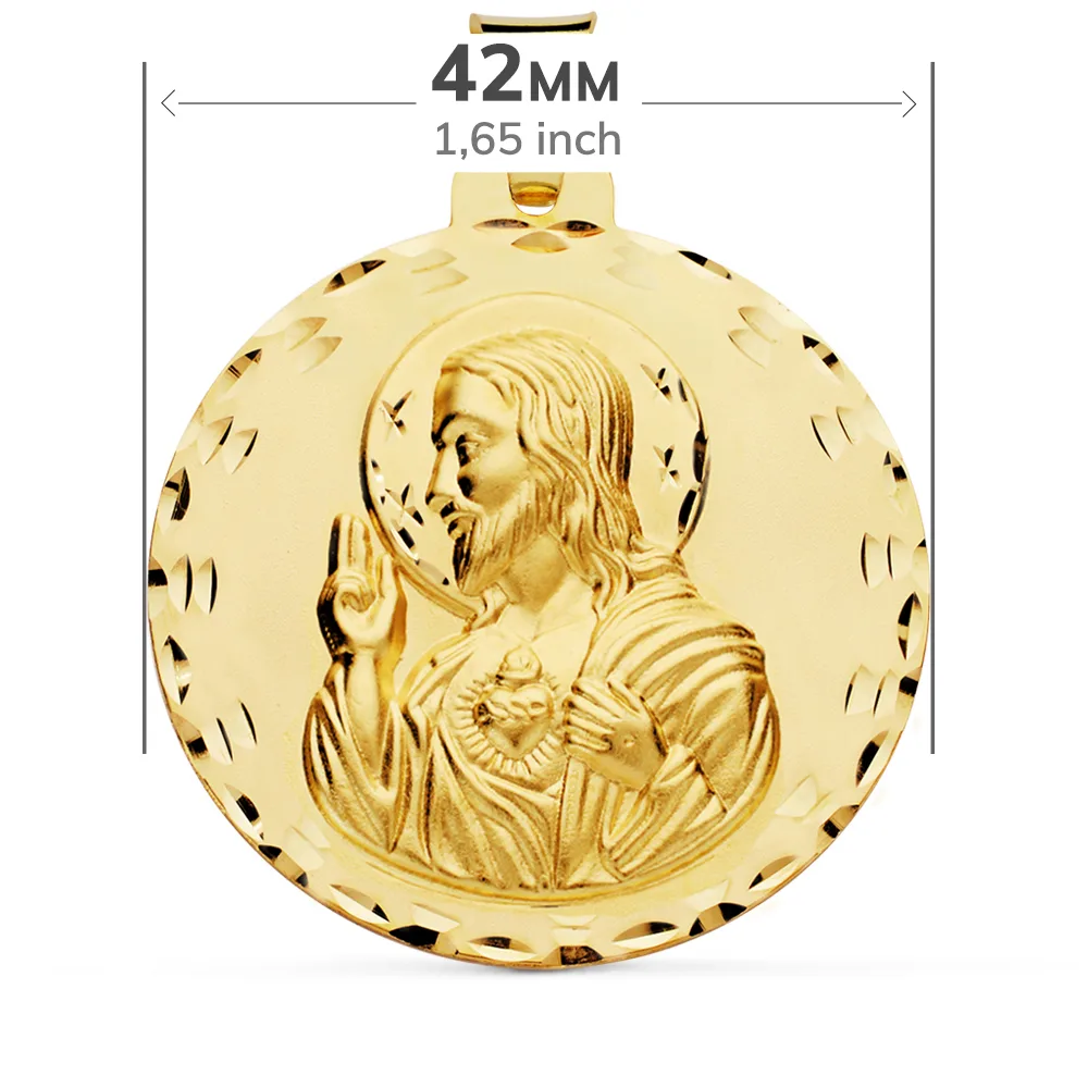 18K ESCAPULARIO ORO AMARILLO TALLADO VIRGEN DEL CARMEN Y CORAZON DE JESUS 42 MM — vista 2