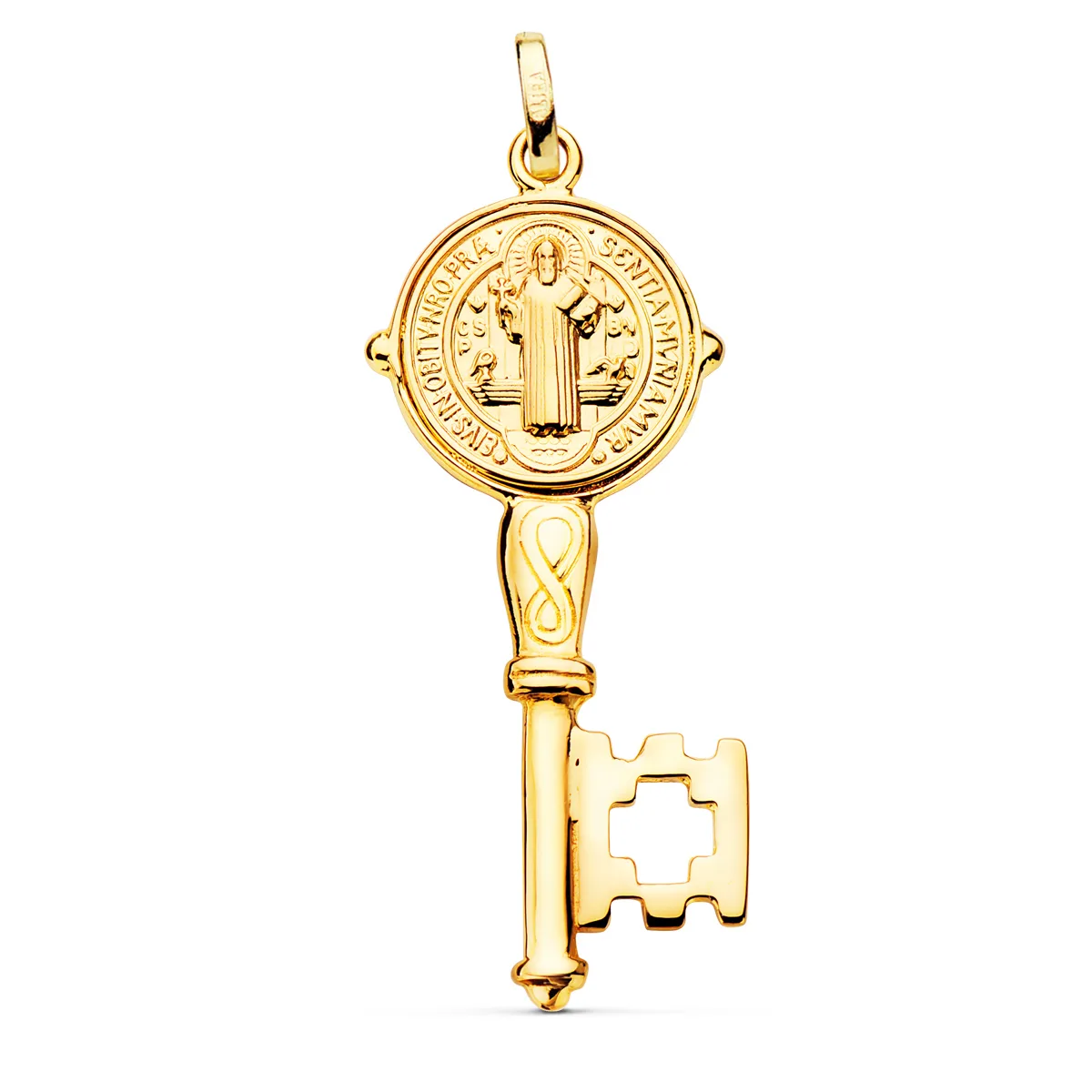 18K LLAVE ESCAPULARIO ORO AMARILLO SAN BENITO MONJE BRILLO MEDALLA ORO AMARILLO 12 MM LLAVE 33X16 MM — vista 2