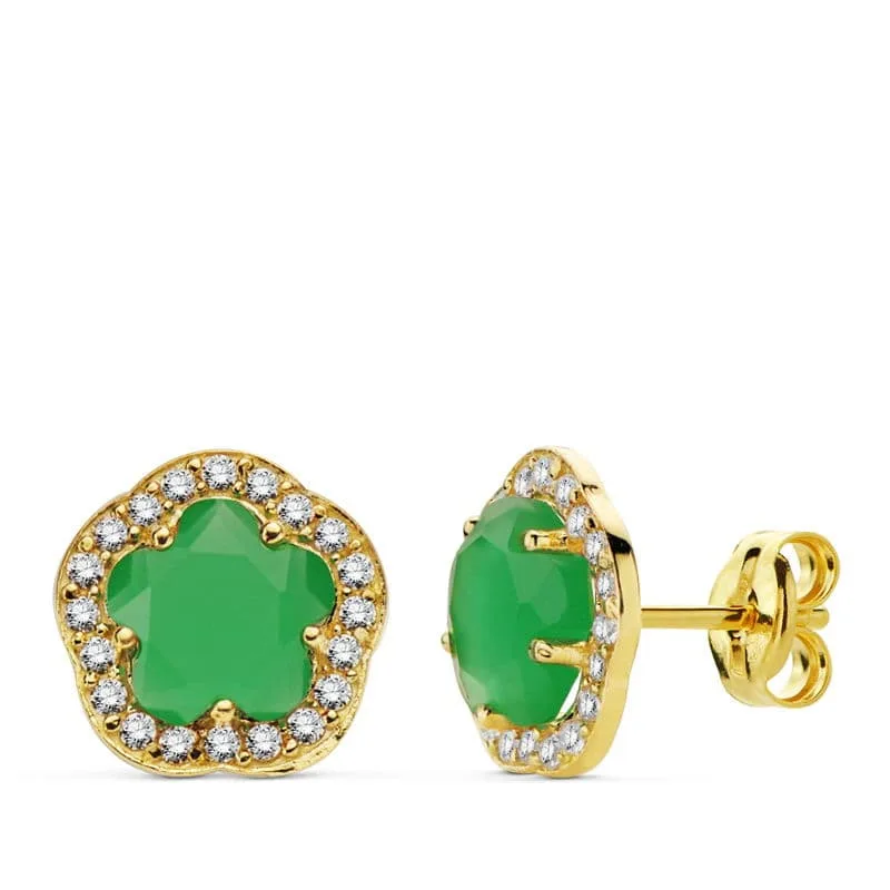 18K PENDIENTES ORO AMARILLO FLOR PIEDRA VERDE. 9X9 MM CIERRE PRESION