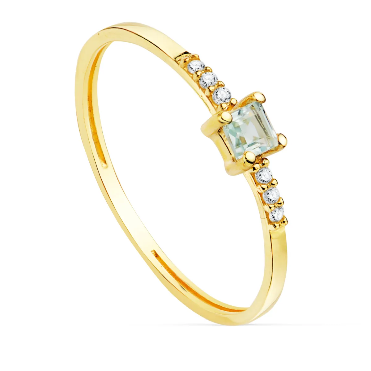 18K SORTIJA ORO AMARILLO 6 DIAMANTES 0.030QTS. G-VS2 AGUAMARINA 3X3MM CUERPO 1MM