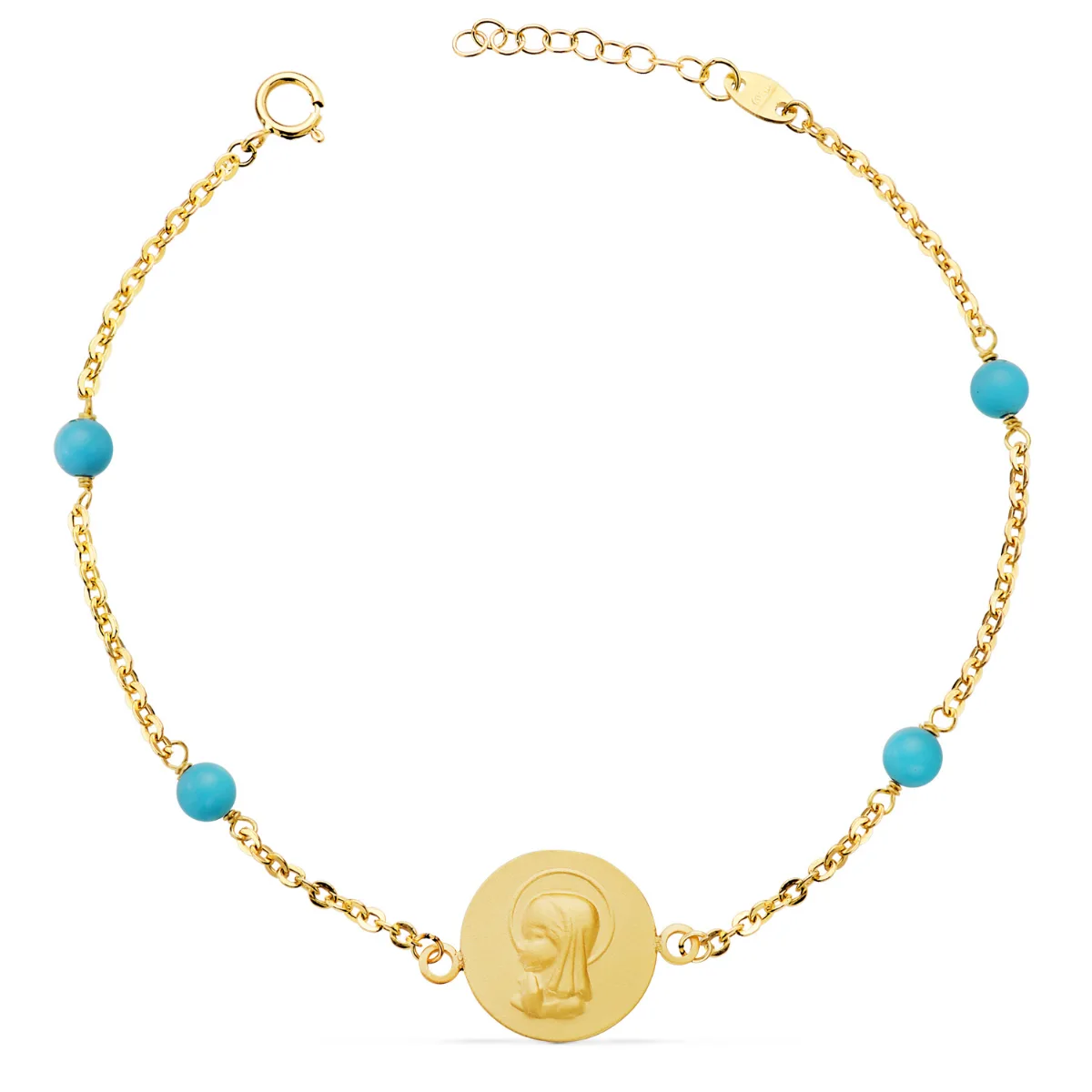 18K PULSERA ORO AMARILLO MEDALLA VIRGEN NIÑA 14 MM Y BOLAS TURQUESAS. LARGO: 19 3 CM