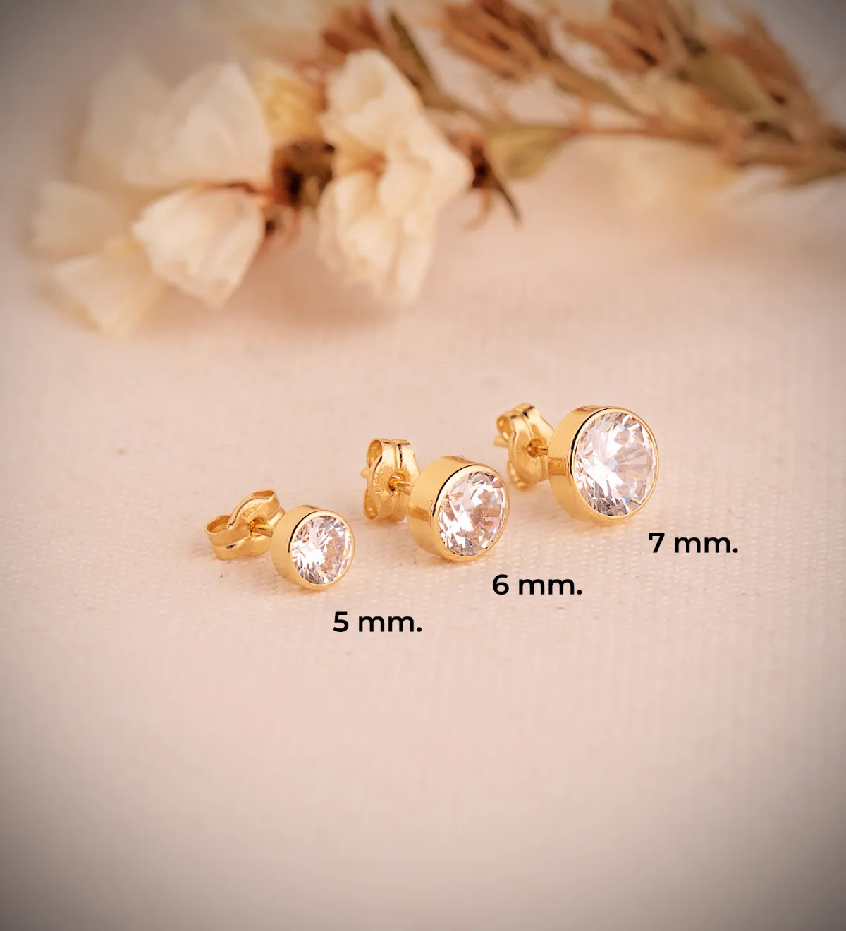 18K PENDIENTES ORO AMARILLO CHATON CIRCONITA REDONDOS 5 MM CIERRE PRESION — vista 2