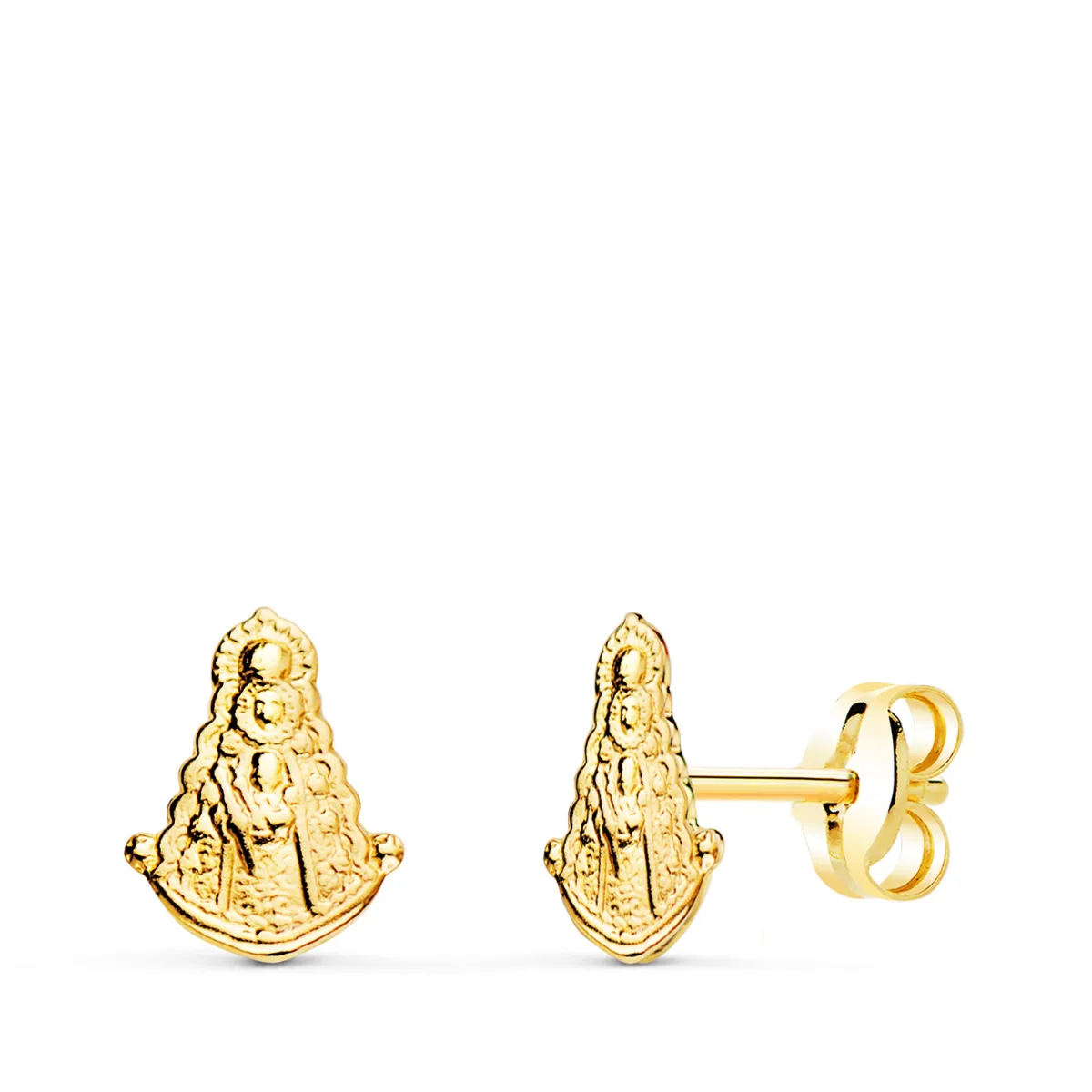18K PENDIENTES ORO AMARILLO VIRGEN DEL ROCIO BRILLO PRESION 7,5 X 6 MM