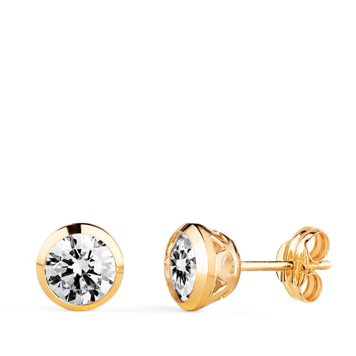 18K PENDIENTES ORO AMARILLO CHATON CON CIRCONITA CANASTILLA CALADA. ANCHO: 7MM. CIERRE PRESION